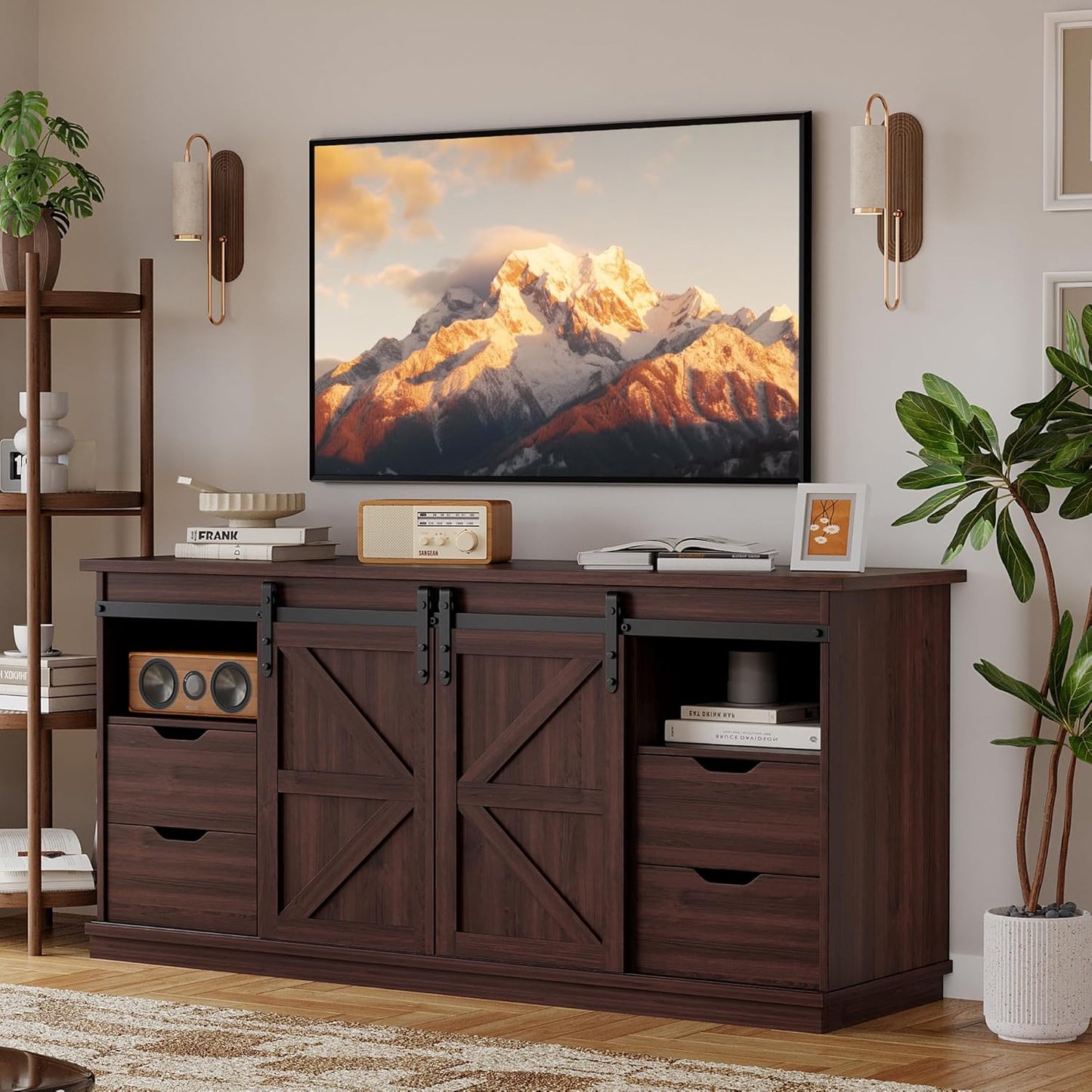 YESHOMY TV Stand for Televisions up to 65 Inchs, with Sliding Barn Doors and 4 Storage Drawers, Console Table and Media Furniture for Living Room, 58 Inch, Espresso