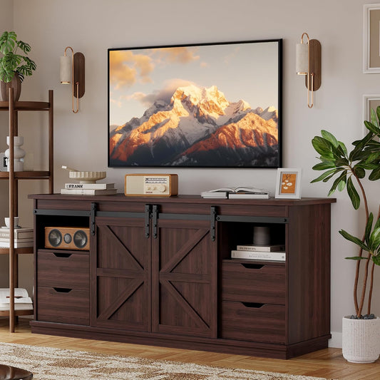 YESHOMY TV Stand for Televisions up to 65 Inchs, with Sliding Barn Doors and 4 Storage Drawers, Console Table and Media Furniture for Living Room, 58 Inch, Espresso