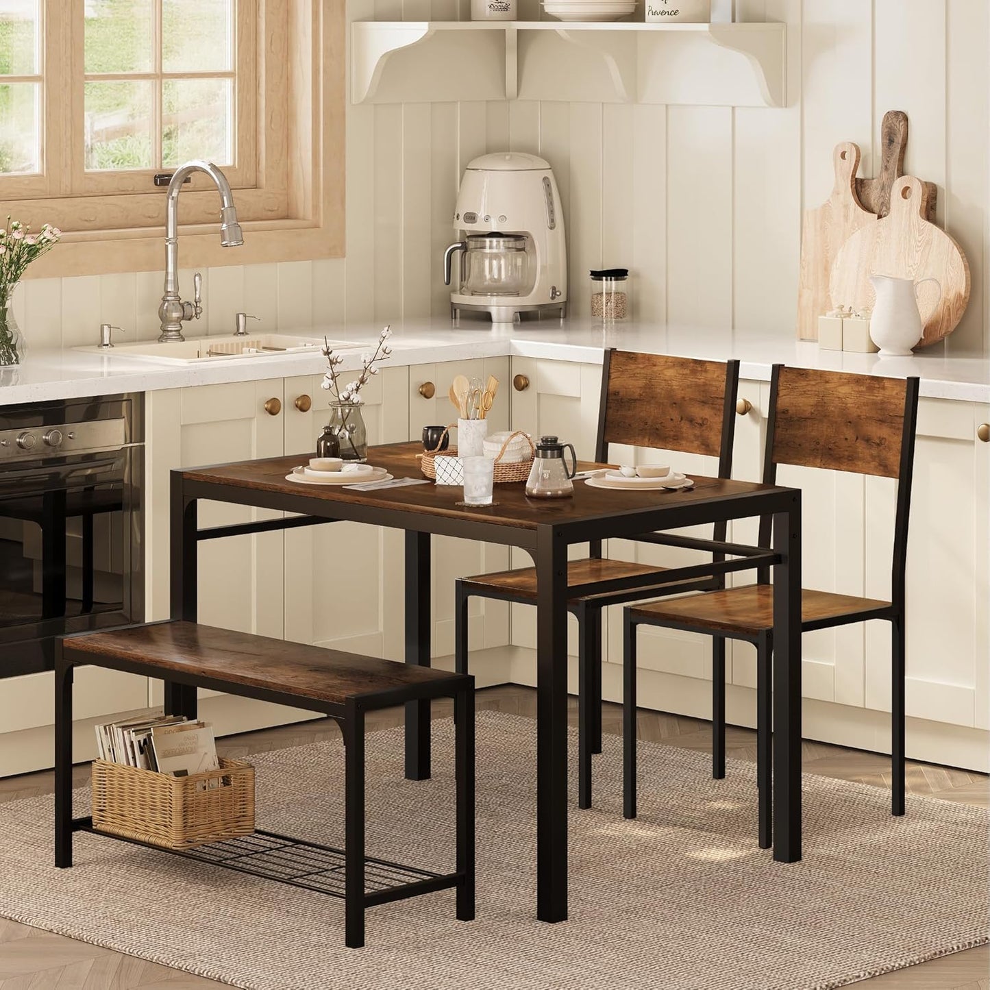 Shahoo Kitchen Table and 2 Chairs for 4 with Bench, 4 Piece Dining Sets for Small Space, Brown