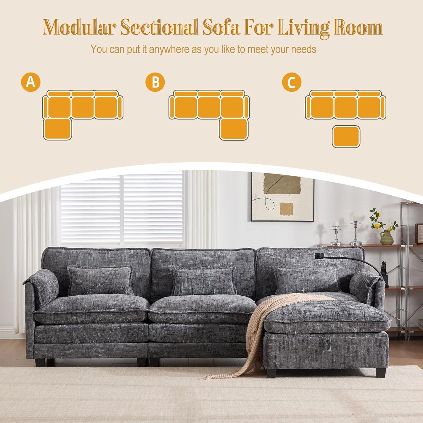 Ball & Cast 109" Oversized Sectional Sofa,Comfy Cloud Couch W/Movable Storage Ottoman,L Shaped Sectional Sofa W/USB Charging Port,Phone Holder&Side Pocke,Chenille Fabric,for Living Room,Gray