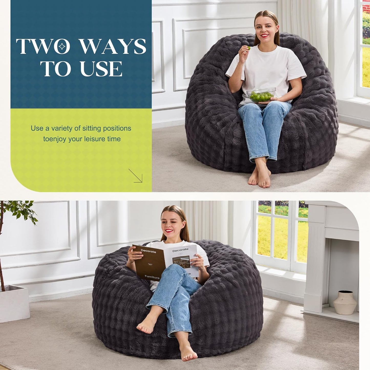 Hobestluk Bean Bag Chairs 3ft Beanbag Chair with Filler Adult Bean Bags with Fluffy & Machine Washable Cover, Giant Bean Bag Chairs for Adults (Dark Grey, 3FT-36" x 36" x 22")