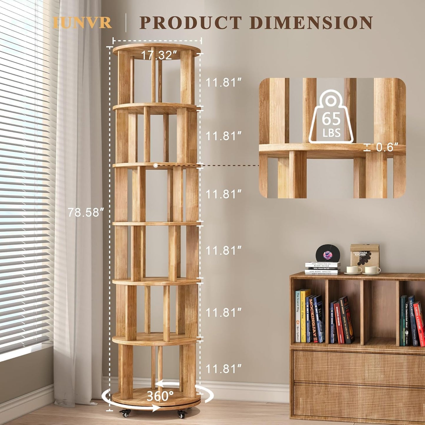 6 Tier Bookshelf Tower, 360° Solid Wood Spinning Bookcase with Swivel Wheels, Floor Standing Book Shelf for Small Space, Bookshelf for Home Office Study Room Bedroom Living Room