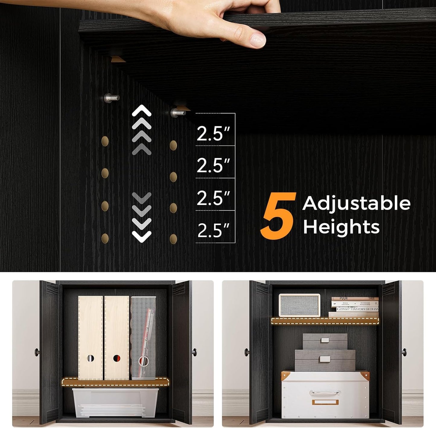 Casaottima Bookshelf and Bookcase with Doors and Drawer, Floor Standing 6-Tier Shelf Display Storage Shelves, Tall Bookcases for Home Office, Living Room, Black