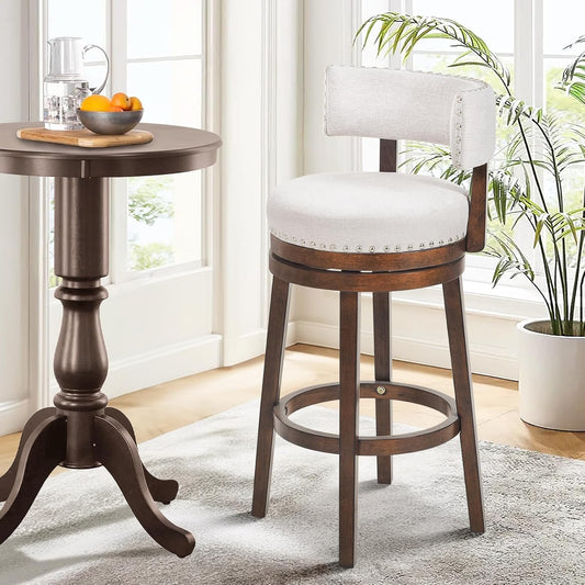 COLAMY Swivel Bar Stool, Swivel Bar Height Bar Stool, Modern Swivel Barstool with Back, Upholstered Wood Barstool for Kitchen Island Dining Room Bar, Beige, FM-4840-30-Beige-F