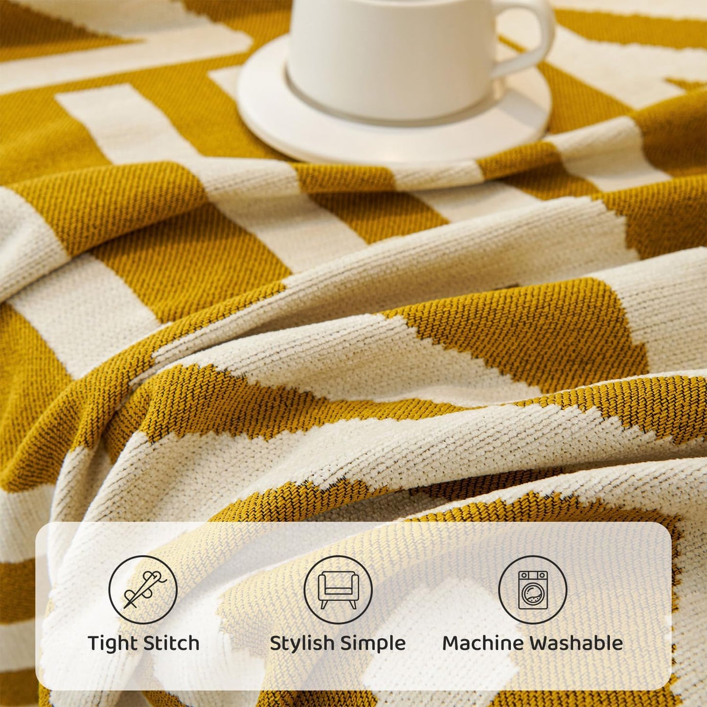 STACYPIK Mustard Yellow Boho Sofa Cover Couch Cover Reversible Jacquard Furniture Protector for 3 Cushion Couch L Shaped Sofa Slipcover Non-Silp Sofa Cushion Covers for Sectional with Tassels-91X118IN