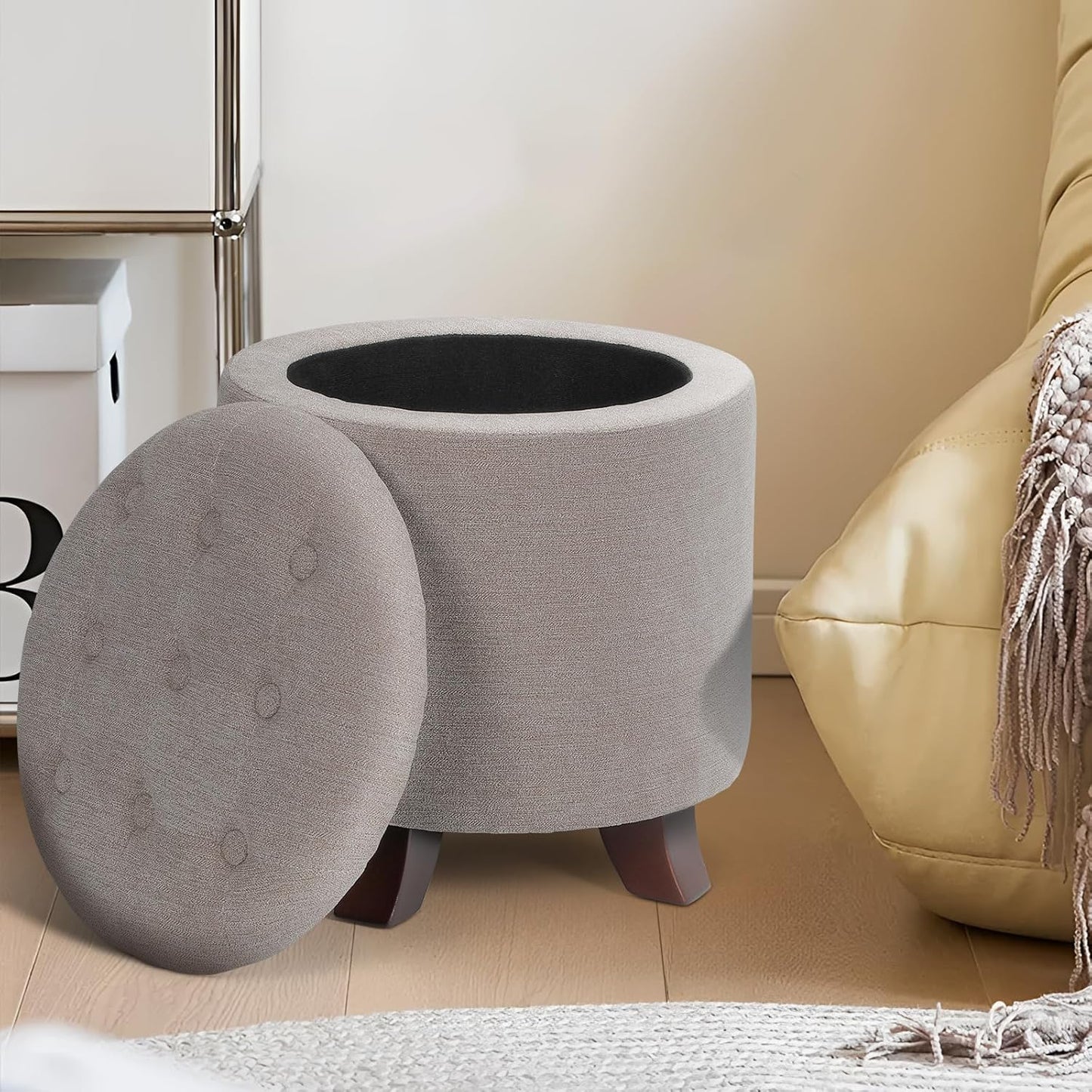 Athena Collection 15 Inch Small Ottoman with Storage, Round Linen Fabric Storage Ottoman Foot Rest with Removable Lid, Multipurpose Footstool Footrest for Living Room, Bedroom, Dorm, Khaki