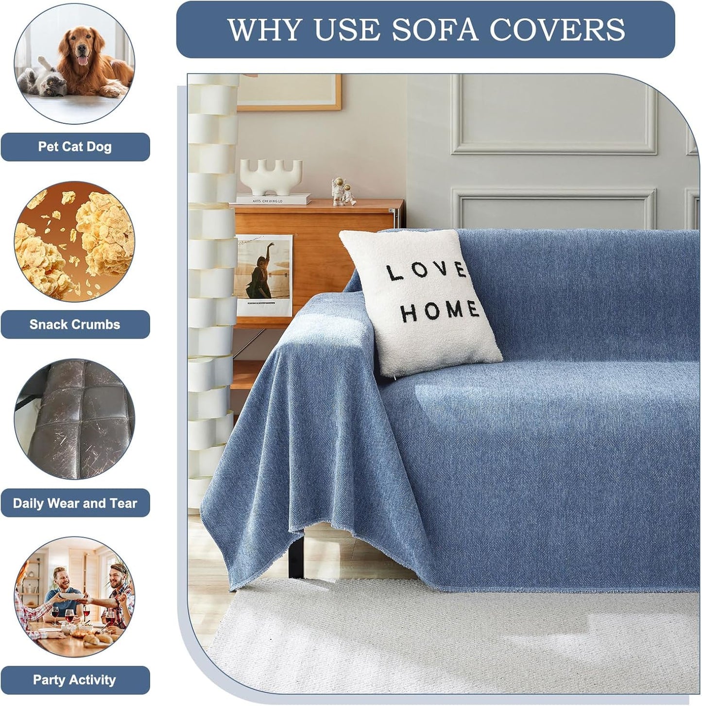 STACYPIK Durable Simple Blue Sofa Cover for Pets Kids Textured Herringbone Chenille Couch Covers for 2 Cushion Couch L Shape Couch Cover Versatile Protector Cover Multi-Use Blanket Washable-91X118IN