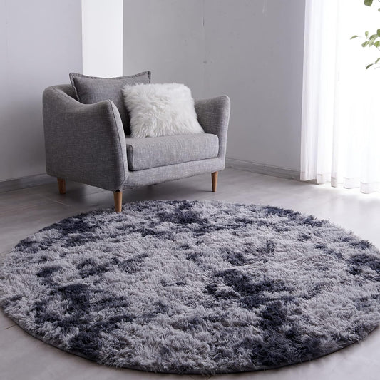 FJZFING Tie-Dyed Dark Grey Round Rug Ultra-Soft Plush Modern 5x5 Circle Area Rug for Kid's Bedroom, Fluffy Shag Circular Rug for Nursery Room, Non-Slip Tie-Dyed Dark Grey Rug for Teen's Room