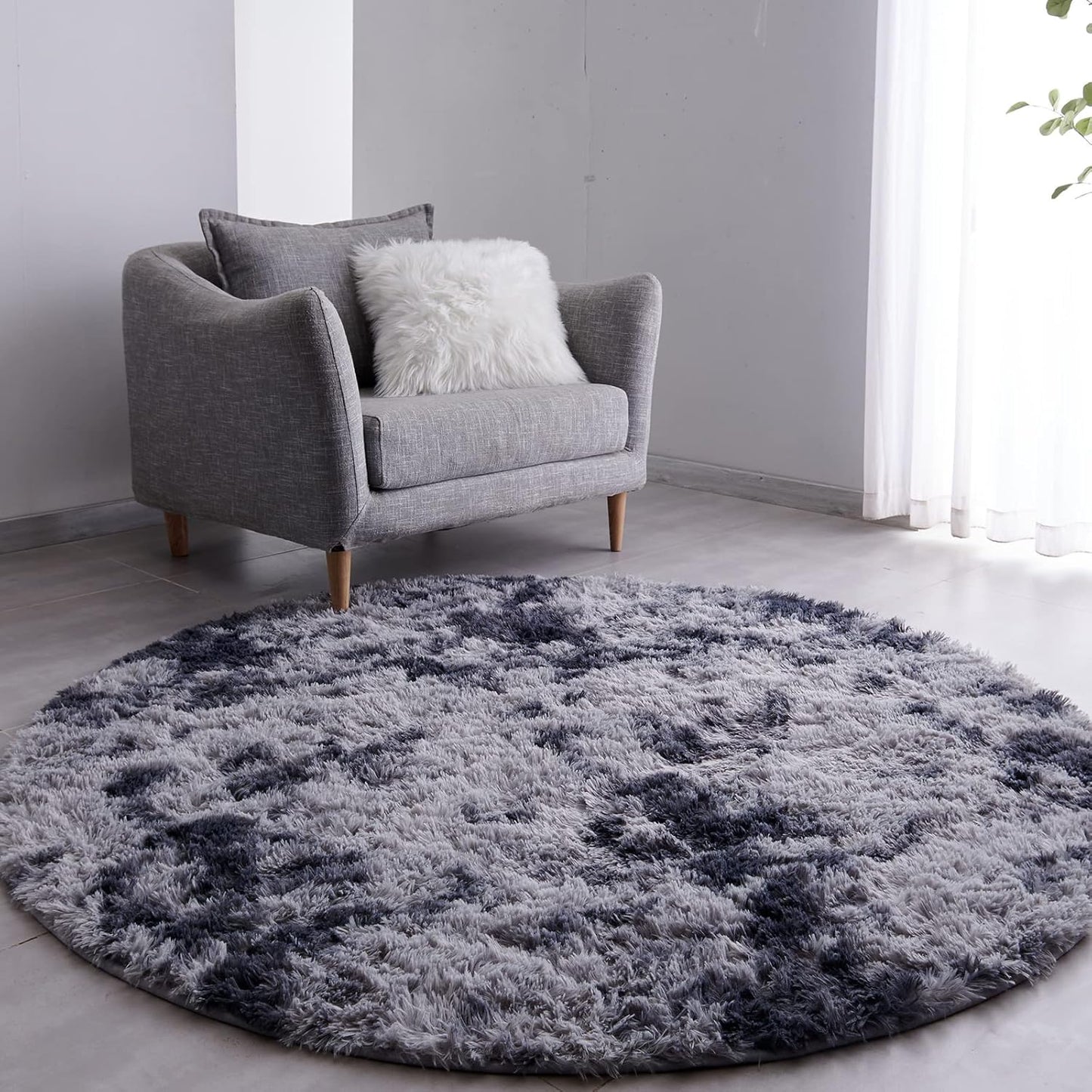 FJZFING Tie-Dyed Dark Grey Round Rug Ultra-Soft Plush Modern 4x4 Circle Area Rug for Kid's Bedroom, Fluffy Shag Circular Rug for Nursery Room, Non-Slip Tie-Dyed Dark Grey Rug for Teen's Room