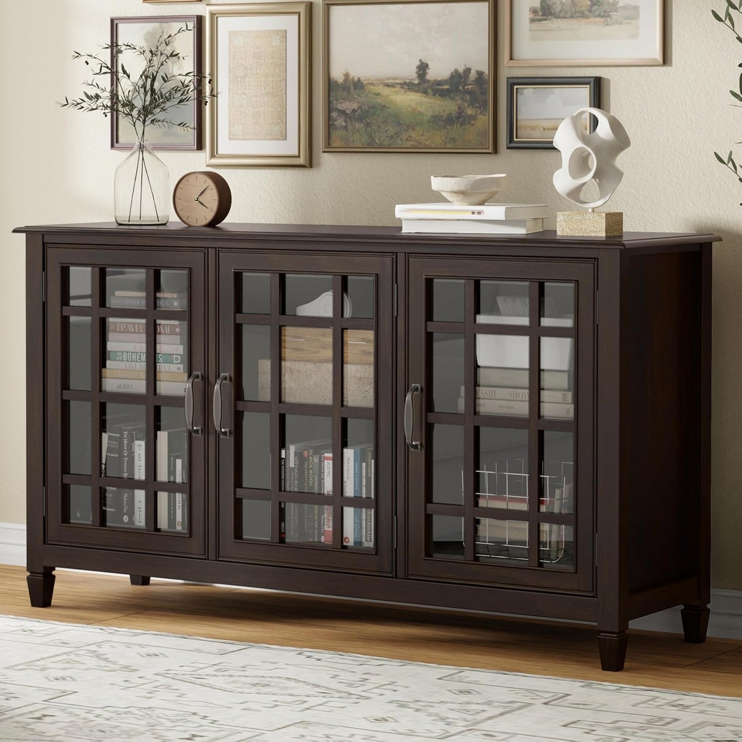 SIMPLIHOME Connaught SOLID WOOD 60 inch Wide Traditional Wide Storage Cabinet Buffet in Chestnut Brown for the Living Room, Entryway and Family Room