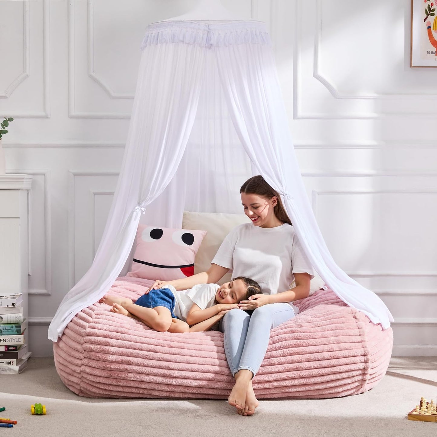 Hobestluk 4FT Bean Bag Chairs Adult Bean Bag with Portable Handle Comfy Large Bean Bag Chair with Removable Cover for Living Room Bedroom or Reading Nook (Stripe Pink, 4FT)