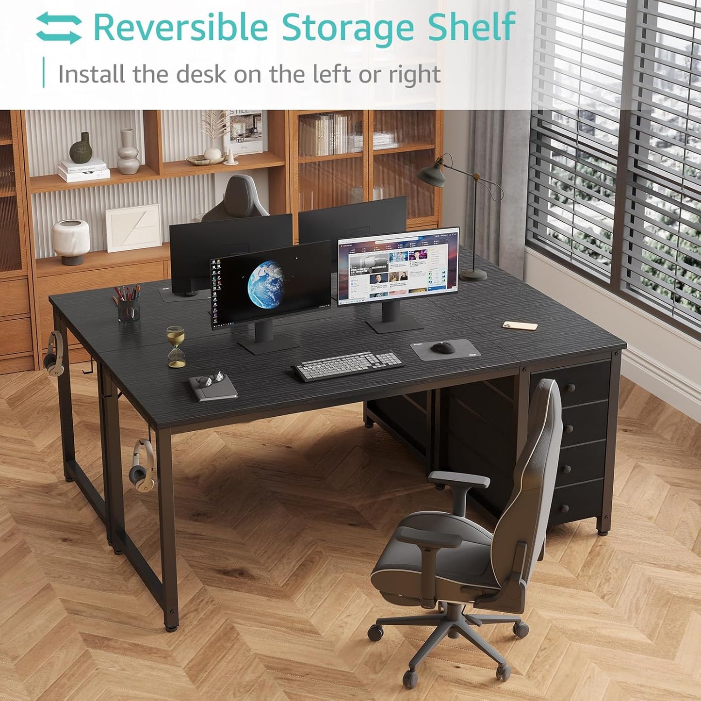 Lufeiya Gaming Desk with Fabric Drawers - 55 Inch Long Study Work Writing Reversible Computer Desk for Home Office Bedroom, Simple Modern Cute PC Desks with Drawer, Black