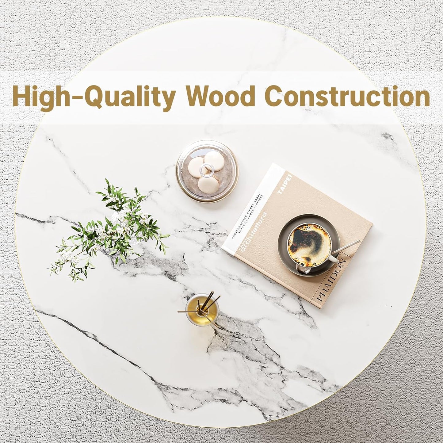 Elephance Round Coffee Table with Storage,3-Tier Coffee Table for Living Room,Wooden Tabletop-Marble White with Gold Frame