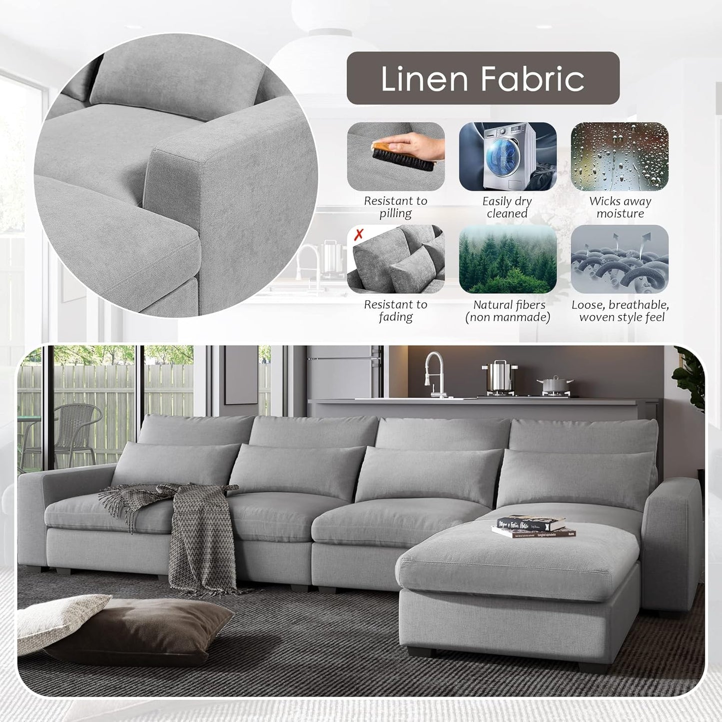 129.9 Inch Modern Oversized L-Shape Feather Filled Sectional Sofa with Ottoman, 5-Seater Modular Convertible Couch w/Reversible Chaise and 4 Pillows for Living Room, Apartment, Light Gray