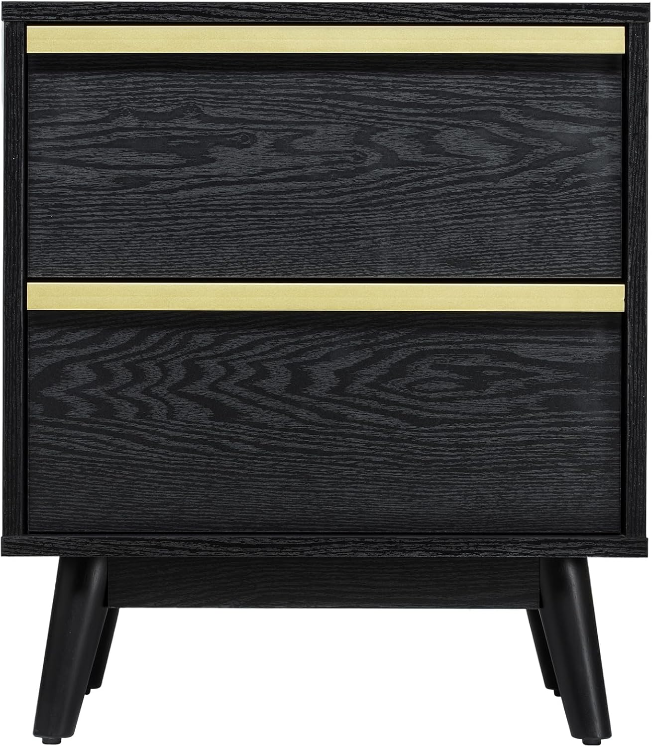 Sango Cortland 2-Drawer Nightstand, Modern Black Wood Bedside Table with Brass Handle, Wooden Legs, Sleek Mid-Century Design, Elegant Storage for Contemporary Homes