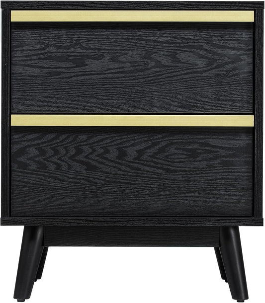 Sango Cortland 2-Drawer Nightstand, Modern Black Wood Bedside Table with Brass Handle, Wooden Legs, Sleek Mid-Century Design, Elegant Storage for Contemporary Homes