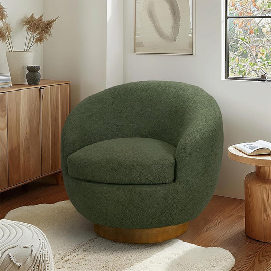 INK+IVY Jessel Swivel Accent Chair – Barrel Back Design, Sherpa Upholstery, 360-Degree Wood Base, Modern Lounge Seating for Living Room or Bedroom, 32" W, Green