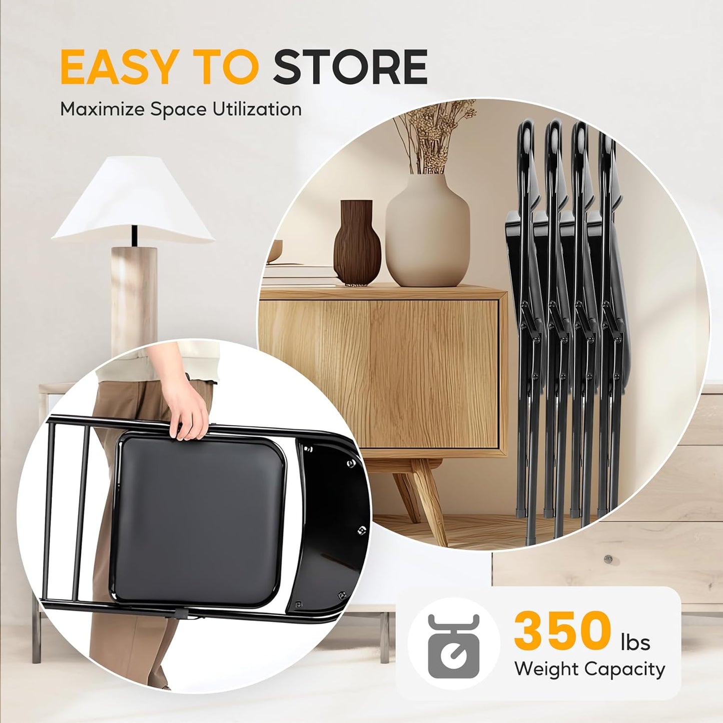 HealSmart 2 Pack Folding Chairs with Leather Padded Cushion Seats, Back & Sturdy Metal Frame, Stackable, Portable, Commercial Event Seat, Indoor Outdoor for Parties, Home Event, Office, Black