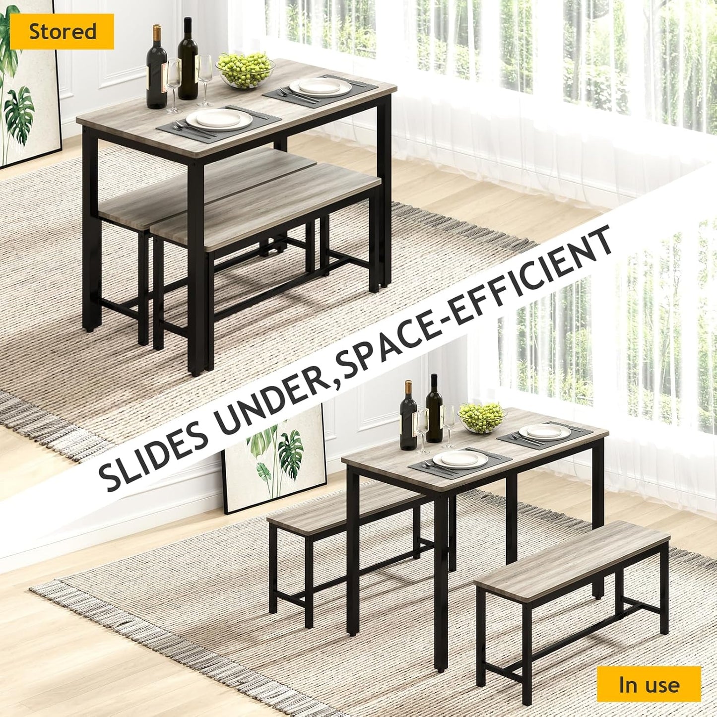 Rovibek Dining Table Set for 4 with 2 Benches – Space-Saving Kitchen Table Set for Kitchen & Dining Room, Grey