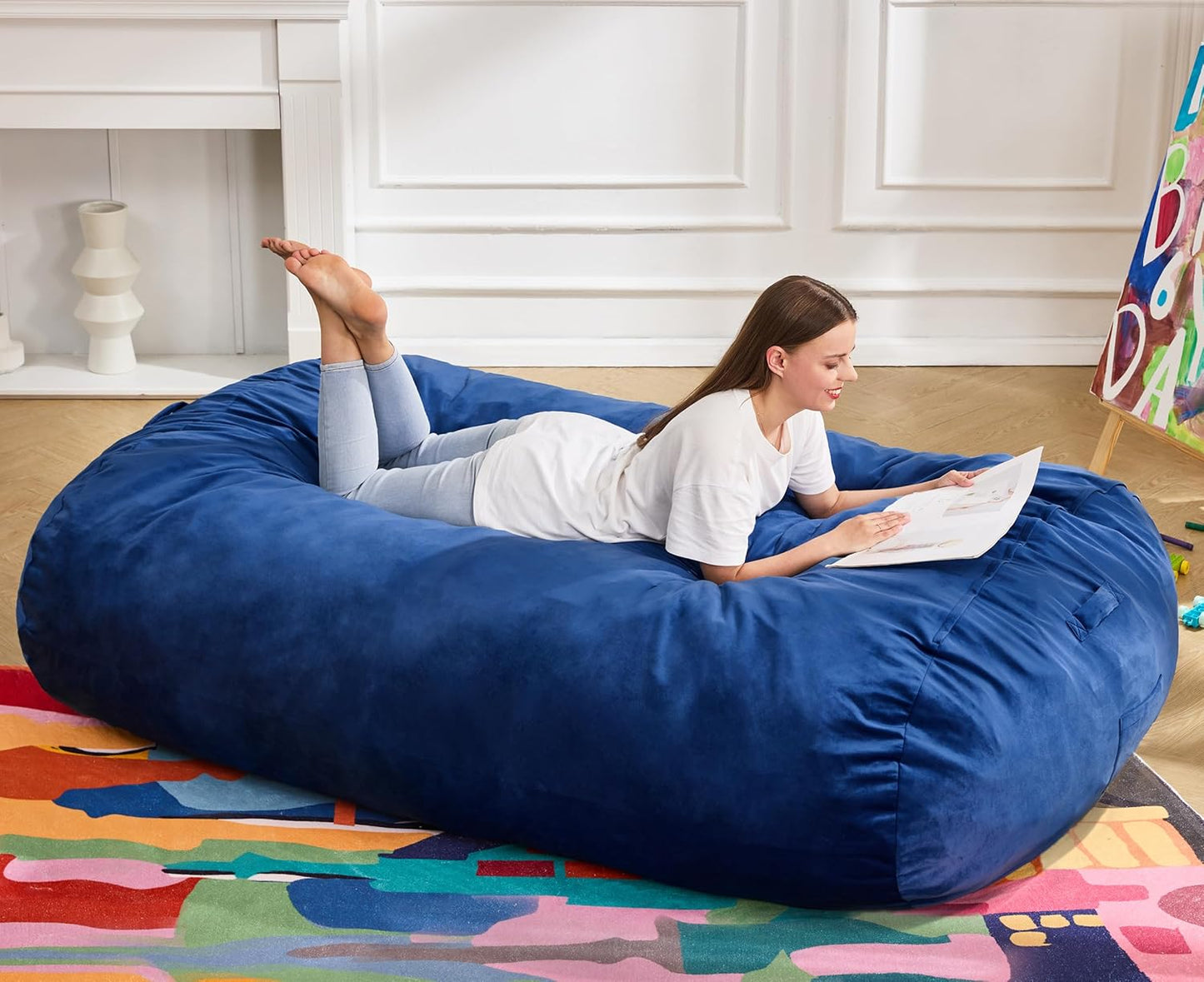 Hobestluk 6FT Bean Bag Chair Large Beanbag Lounger with Removable Cover Adult Bean Bag Chair with Portable Handle Desgin for Living Room Bedroom (Blue, 6FT)