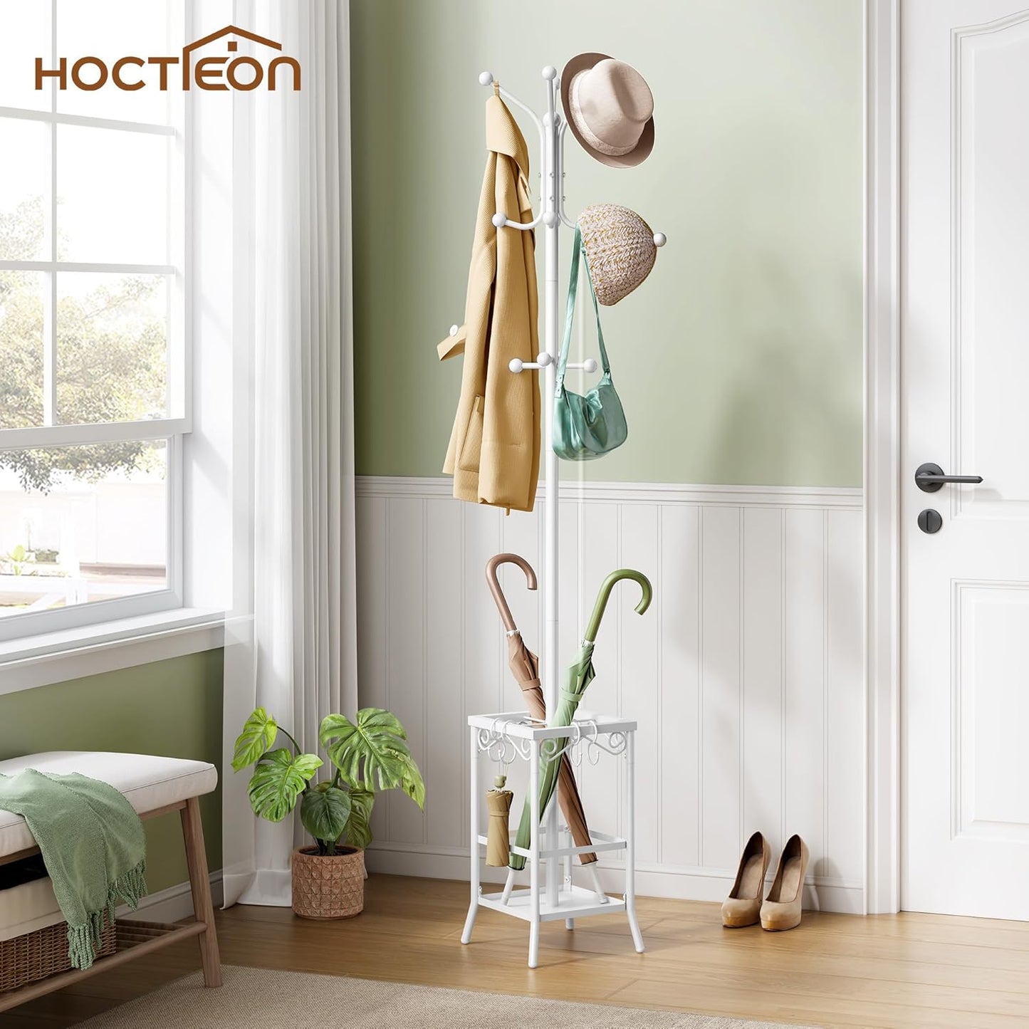 Hoctieon Coat Rack Freestanding, Coat Tree with Umbrella Holder, Metal Coat Rack Stand with 12 Hooks, Standing Coat Hanger Stand, Umbrella Stand for Entryway, Hat Rack Stand for Home Office, White