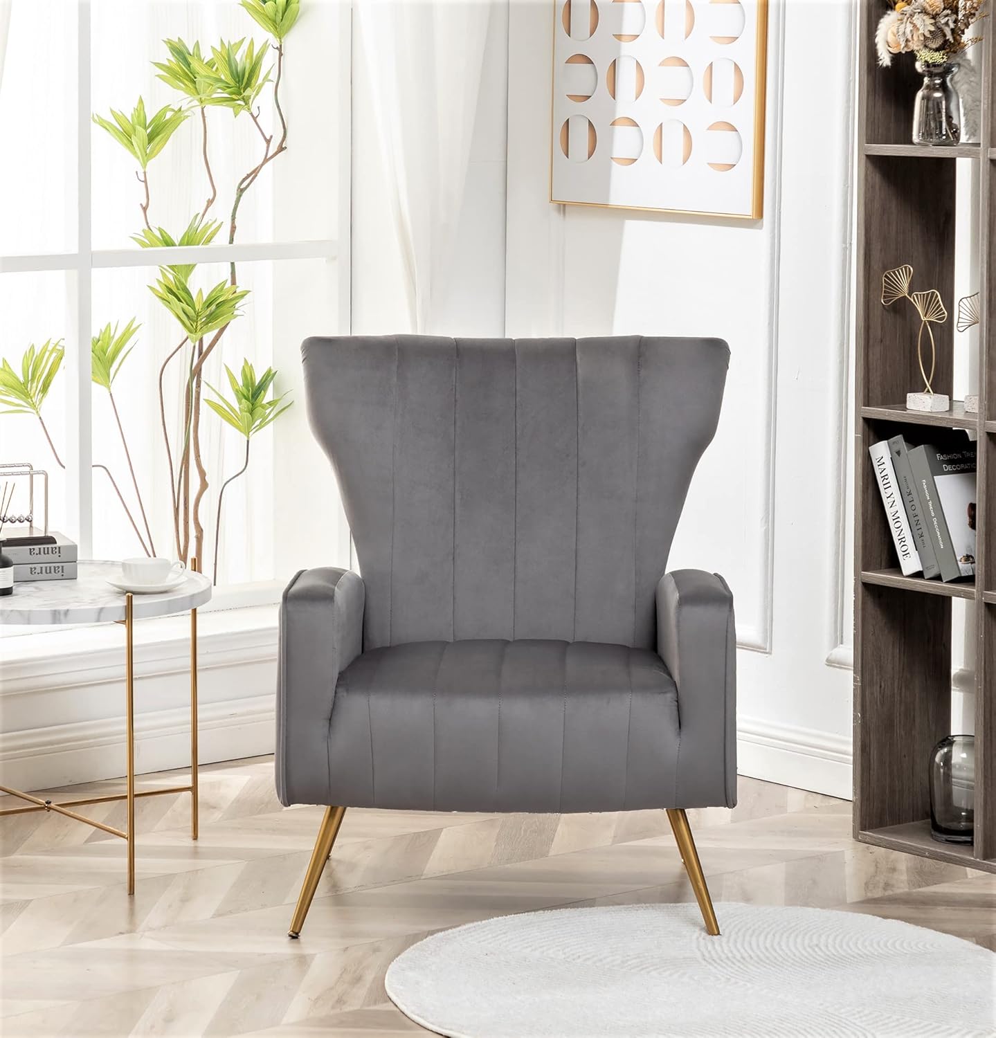 Container Furniture Direct Modern Velvet Accent Chair, Channel Tufted Bedroom, Office or Living Room Furniture with Elegant Metal Legs, 26" Wide Armchair, Grey