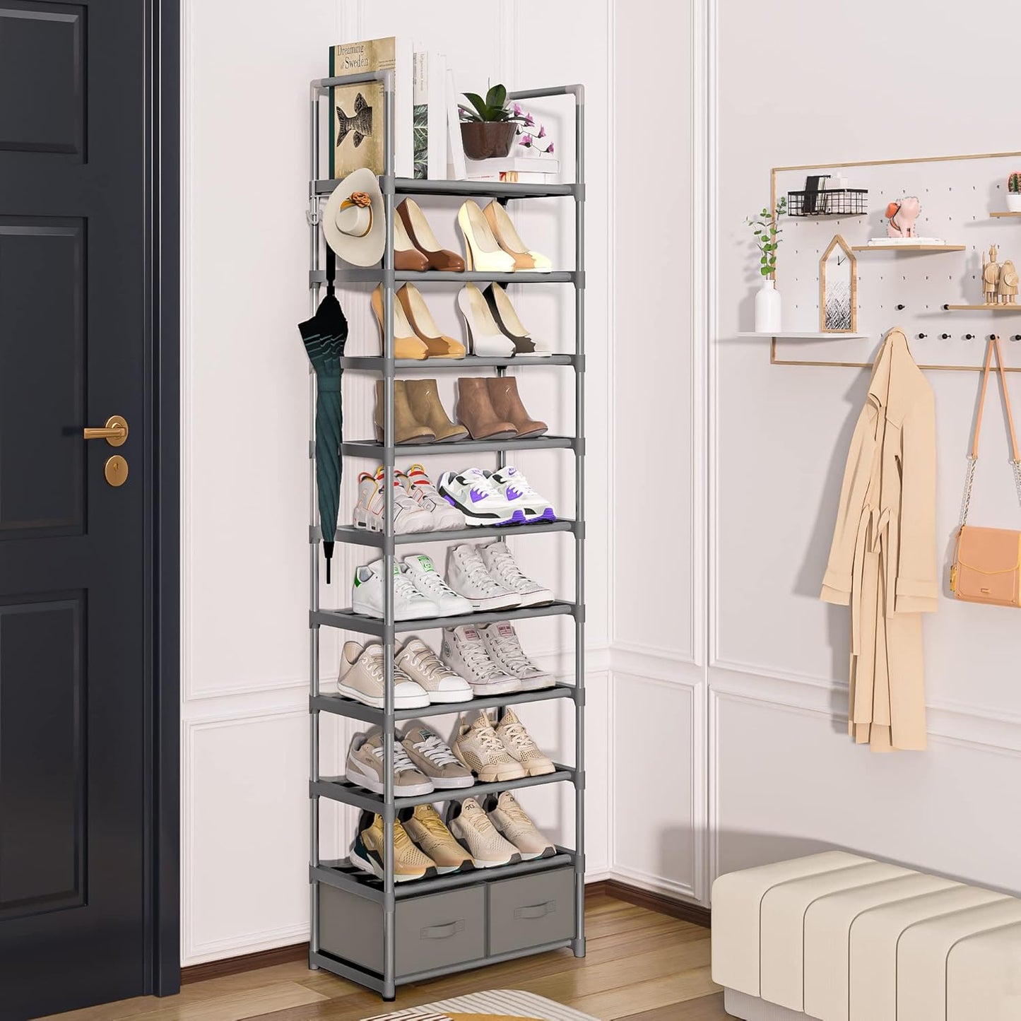 Shoe Rack, Sturdy Metal Shoes Rack Organizer,Narrow Shoe Rack,Shoe Racks for Closets,Shoes Rack,Shoe Stand,Shoe Shelf (10 Tier with 2 Boxes and 1 Hook)