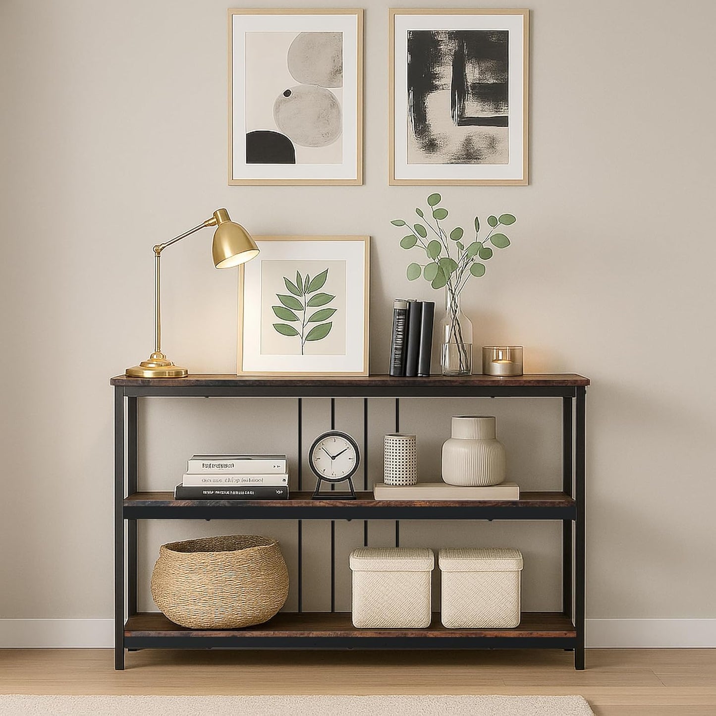 INHABIT UNION Sofa Console Table, Farmhouse Long Entryway Table with Storage and Shelf 3Tier Sofa Table Behind Couch for Living Room,Foyer 47inch,Rustic Brown