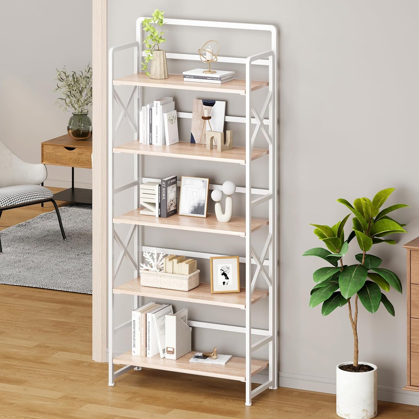 No Assembly Folding Bookshelf, 5 Tiers Vintage Wood Collapsible Book Shelf for Storage,Industrial Metal Foldable Bookcase Organizer for Living Room Bedroom Home Office (Beige)