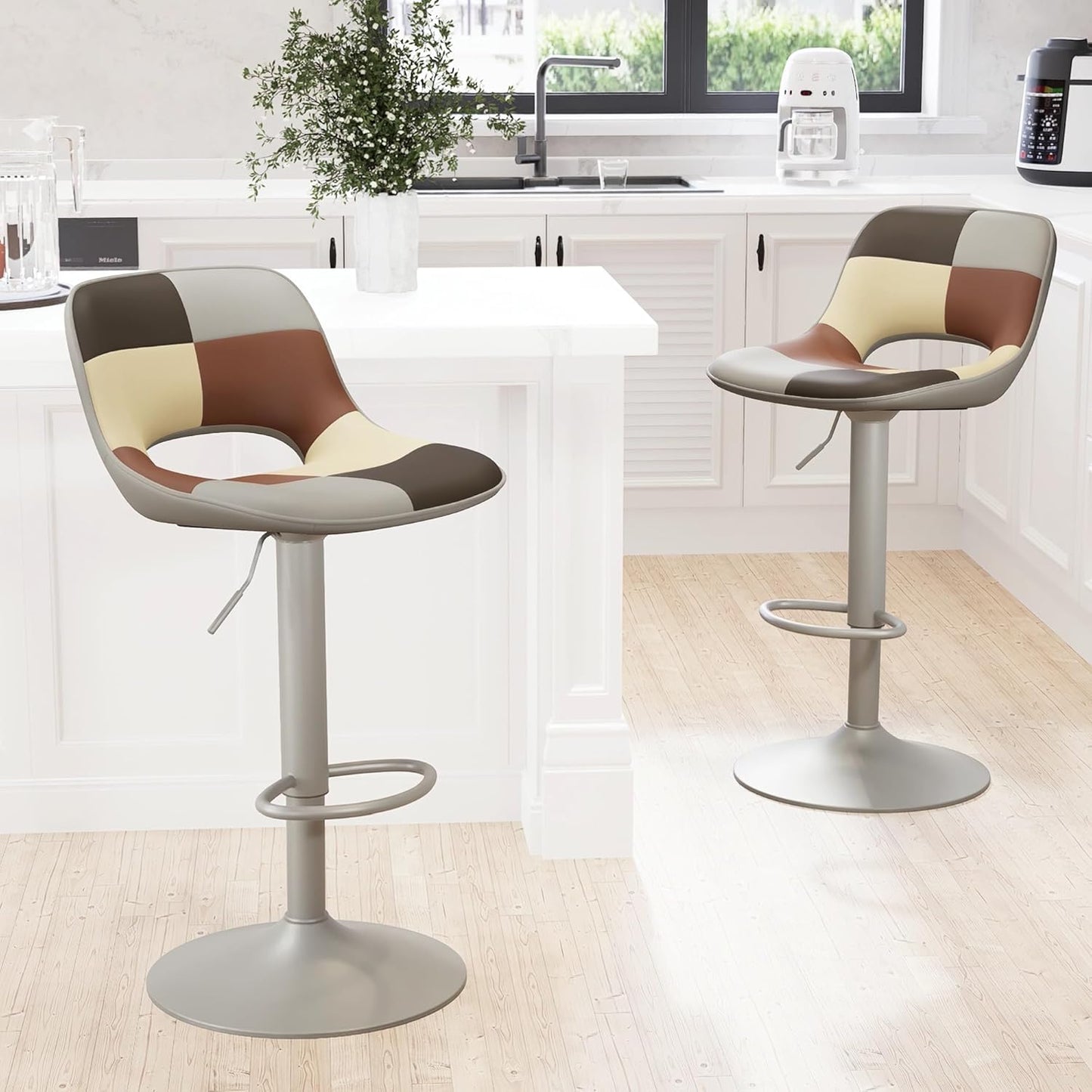 YOUNIKE Bar Stools Set of 2, Boho Colorful Patchwork Faux Leather Barstools, Adjustable Swivel Counter Height Bar Stool Upholstered Counter Stools with Hollow Back for Kitchen Island, GreyBeige