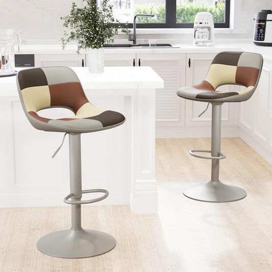 YOUNIKE Bar Stools Set of 2, Boho Colorful Patchwork Faux Leather Barstools, Adjustable Swivel Counter Height Bar Stool Upholstered Counter Stools with Hollow Back for Kitchen Island, GreyBeige