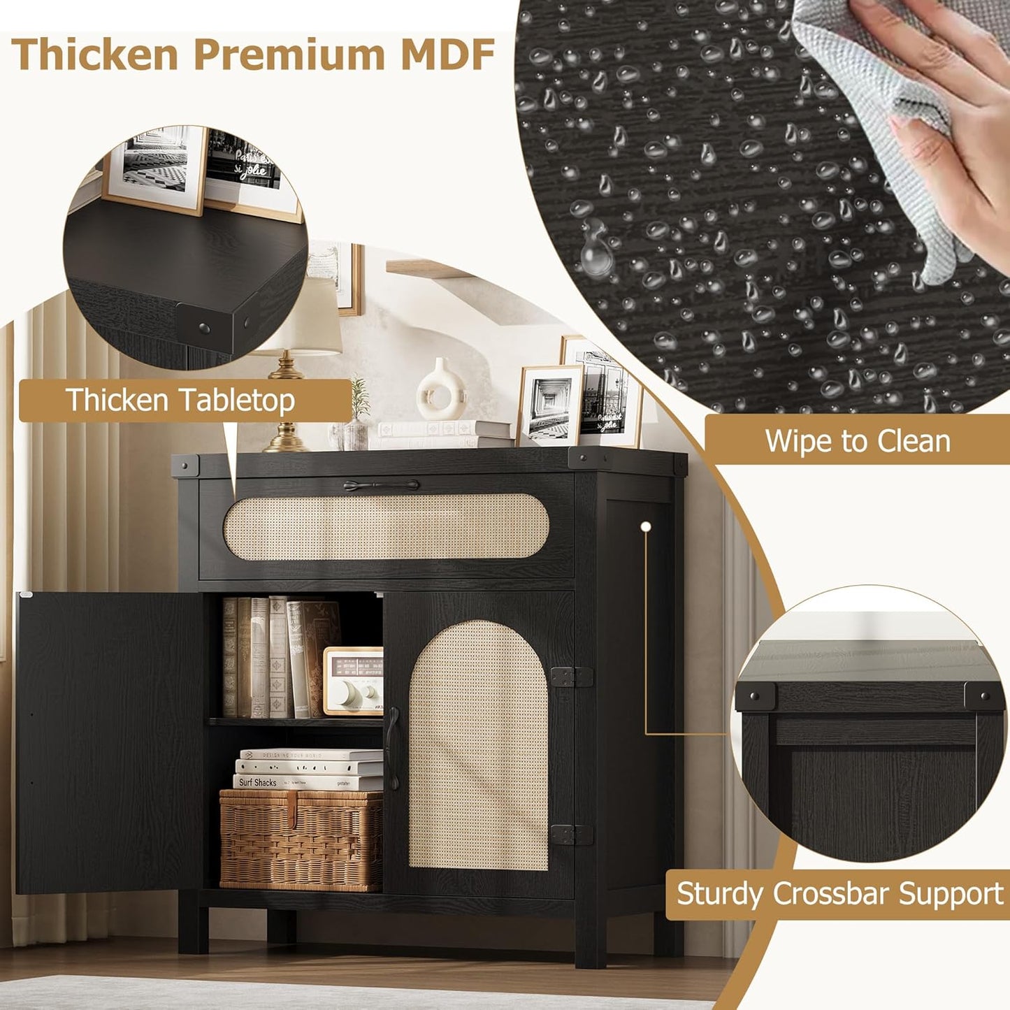 IDEALHOUSE Rattan Cabinet with Drawer, Sideboard with Synthetic Rattan-Accent Doors, Adjustable Shelves, Buffet Cabinet for Living Room Dining Room, Black