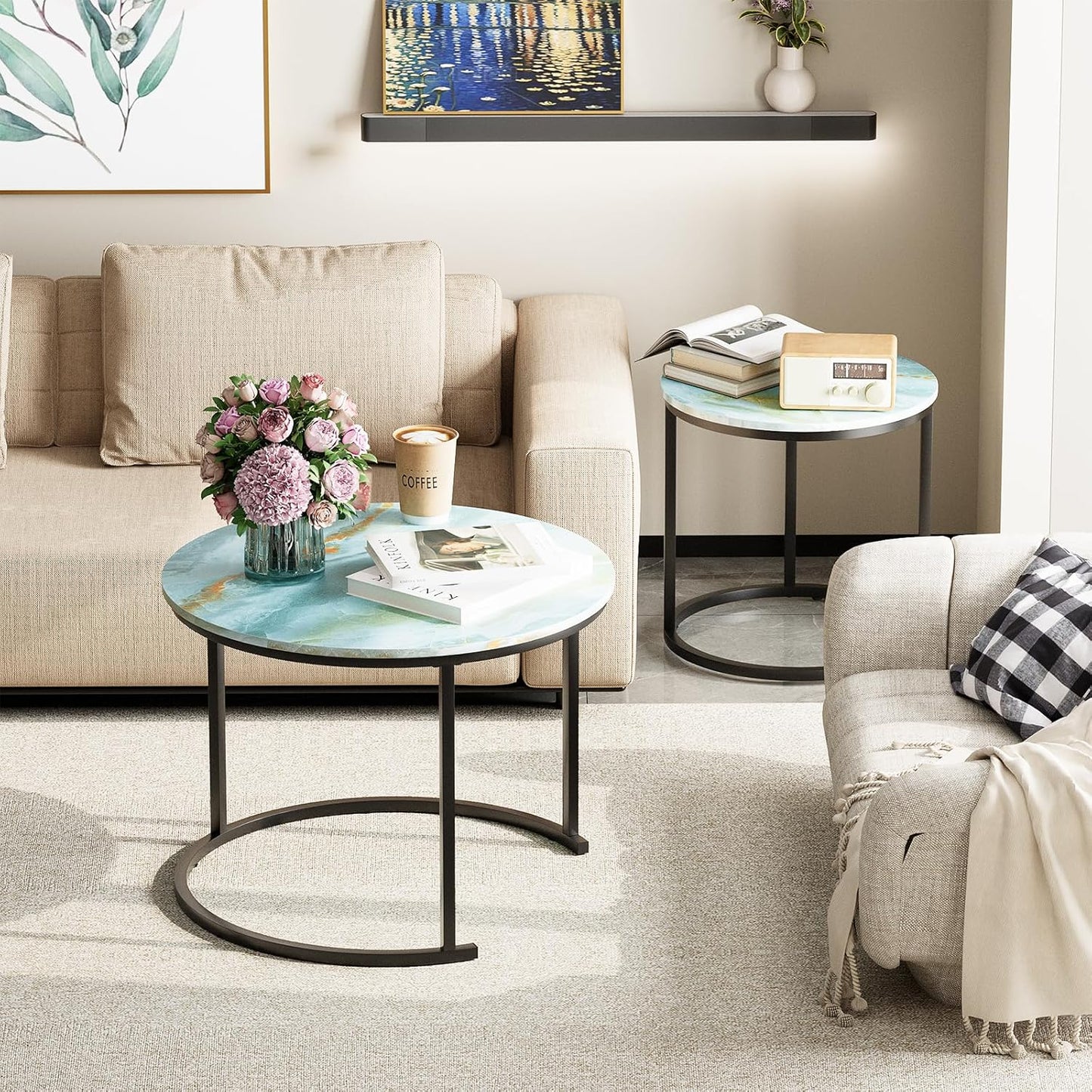 Garden 4 you Nesting Coffee Table, 23.6" Round Coffee Table Set of 2, Wooden Nesting Table Set for with Metal Frame, Side Tables for Living Room Bedroom Balcony, Blue