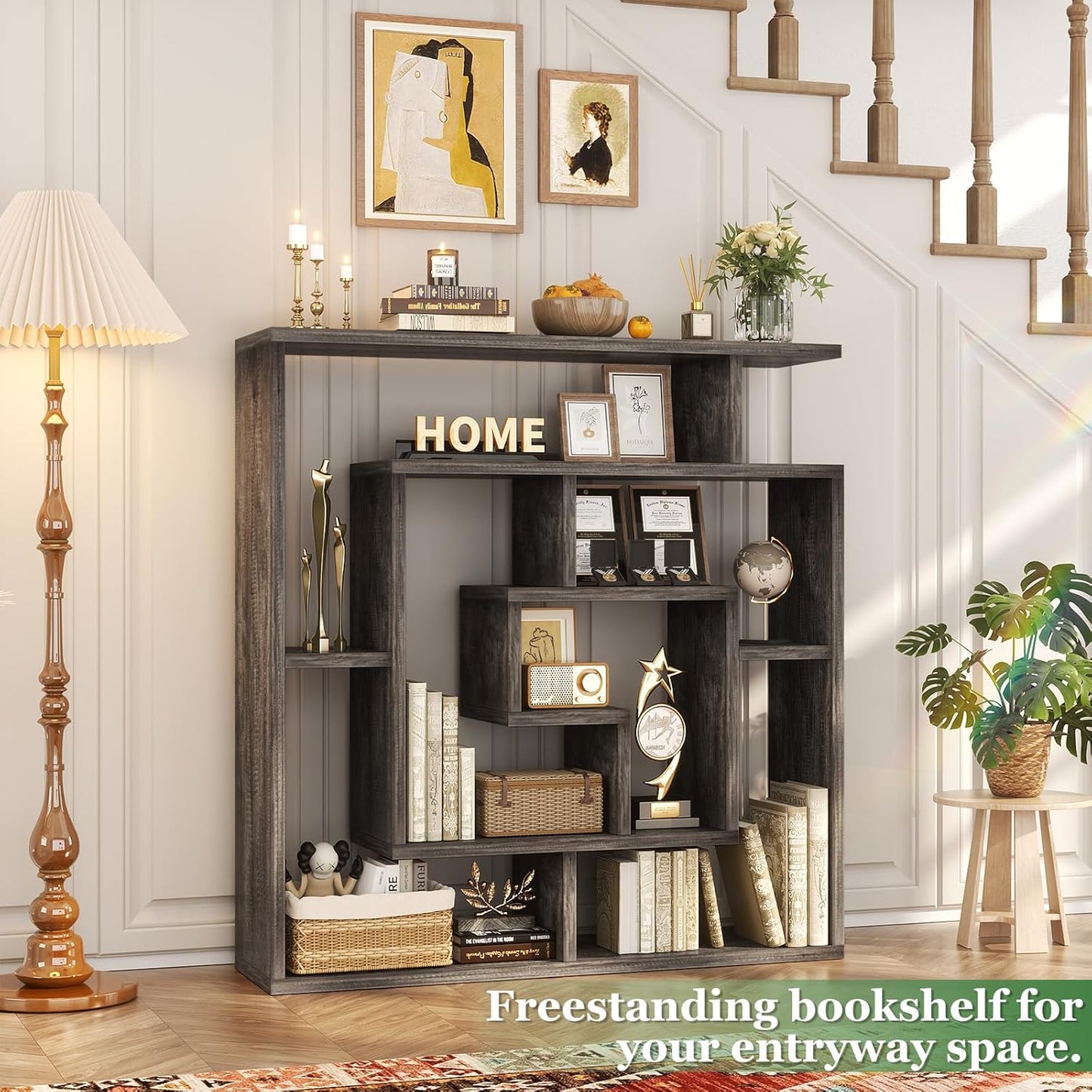 armocity 6 Tier Display Book Shelf Wall Mounted Bookshelf Freestanding Geometric Bookcase Floating Book Shelves for Wall Bedroom Living Room Home Office, 45.5"(W) * 47"(H), Grey Oak