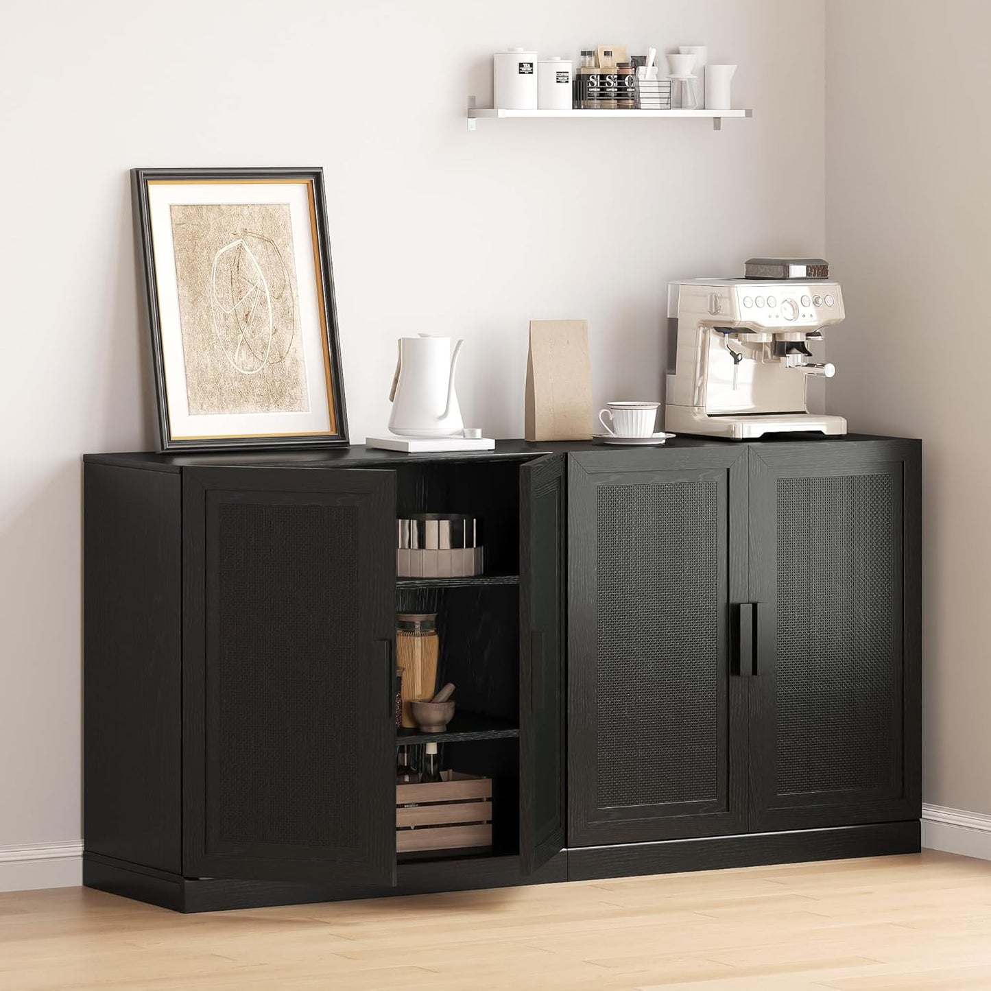 Buffet Cabinet, 4-Doors Sideboard Cabinet with Rattan Panels, Buffet Console Accent Table for Hallway Entryway Dining Room, 62", Black