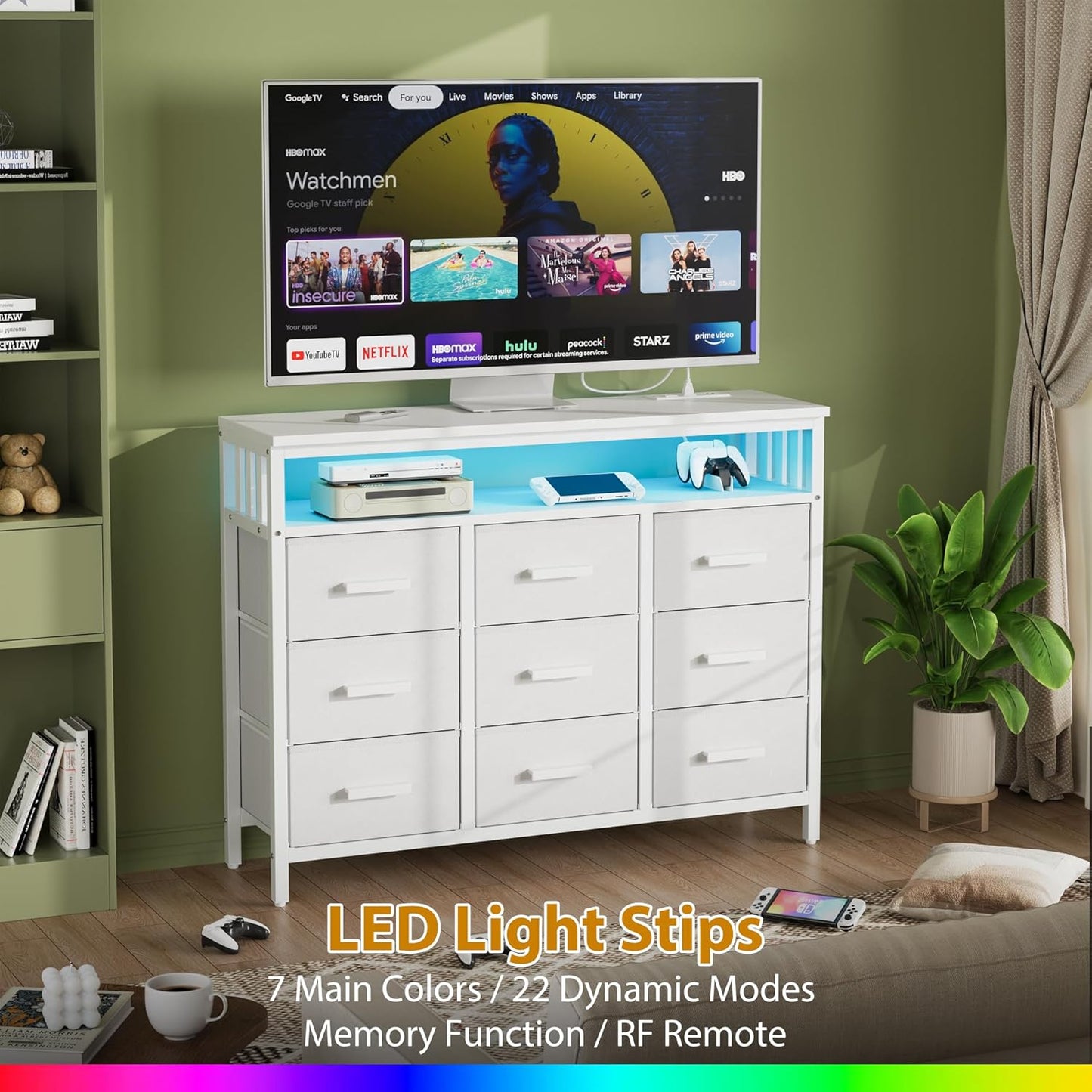 9 Drawer Dresser TV Stand with LED Lights & Power Outlets, Entertainment Center with Open Shelf, Media Console for 50” TV, Large Storage Dresser for Bedroom (White)