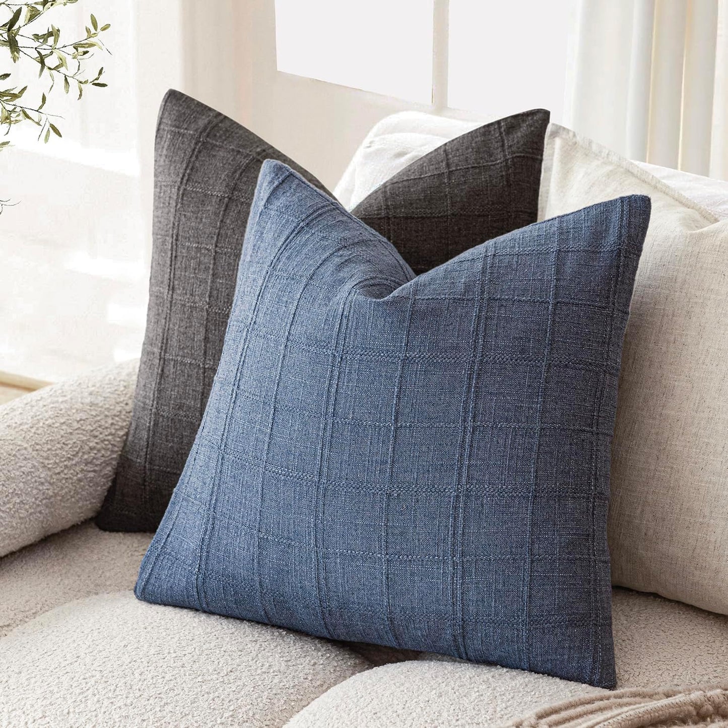 Foindtower Set of 2 Decorative Linen Check Throw Pillow Covers Neutral Farmhouse Vintage Cushion Covers Modern Coastal Boho Home Decor for Sofa Chair Couch Bedroom Living Room Outdoor,18×18 Inch,Blue