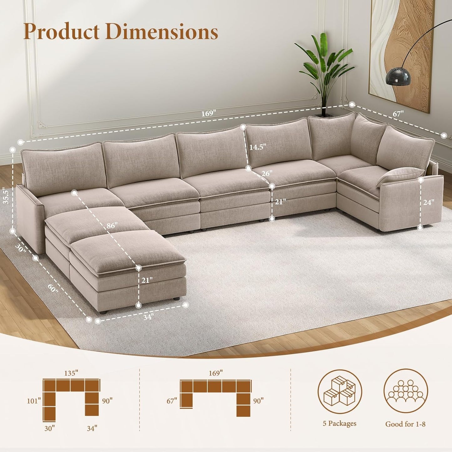 Vesgantti Large Modular Sectional Sofa, Big Comfy Cloud Couch with Ottoman Deep Seat Chenille Cloud Sofa, 8 Seater Large Sectional Couches for Living Room, Bedroom and Apartment, Light Brown