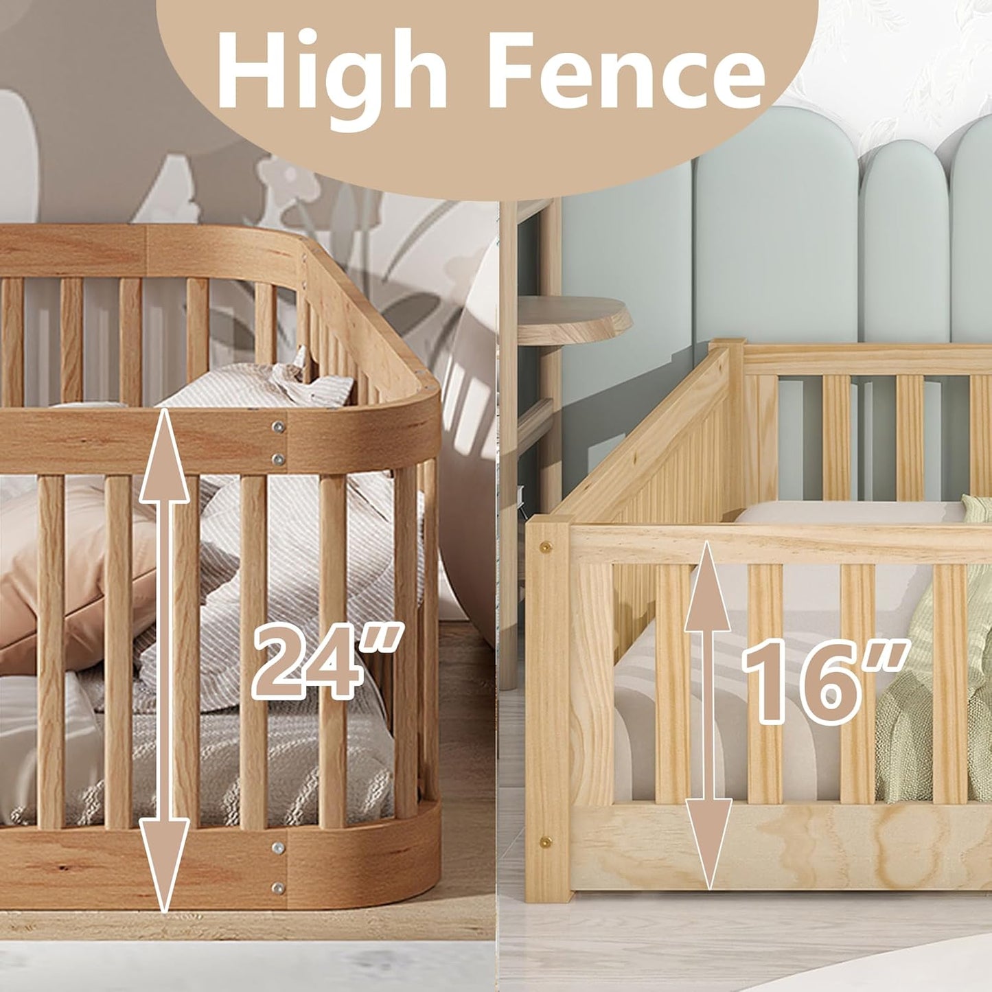 Full Floor Bed with High Fence and Rounded Corner Design, Montessori Floor Bed Frame with Guardrail and Entrance, Easy Assemble Montessori Beds Full Size, Natural