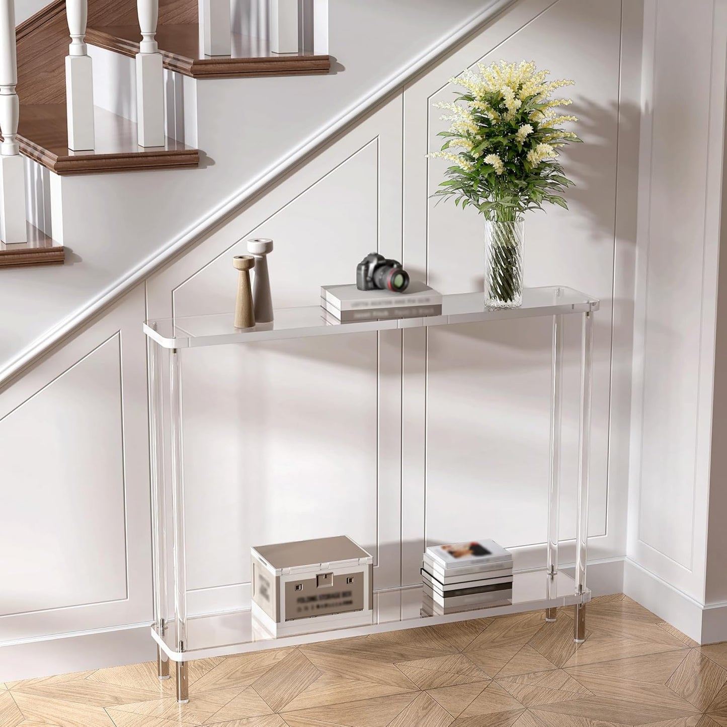 Acrylic Narrow Console Table for Entryway, 7.6" D x 39.4" W x 31.5" H, Cylindrical Legs, Skinny Entry Table for Sofa, Foyer, Hallway, Living Room, Modern, 2-Tier, Clear