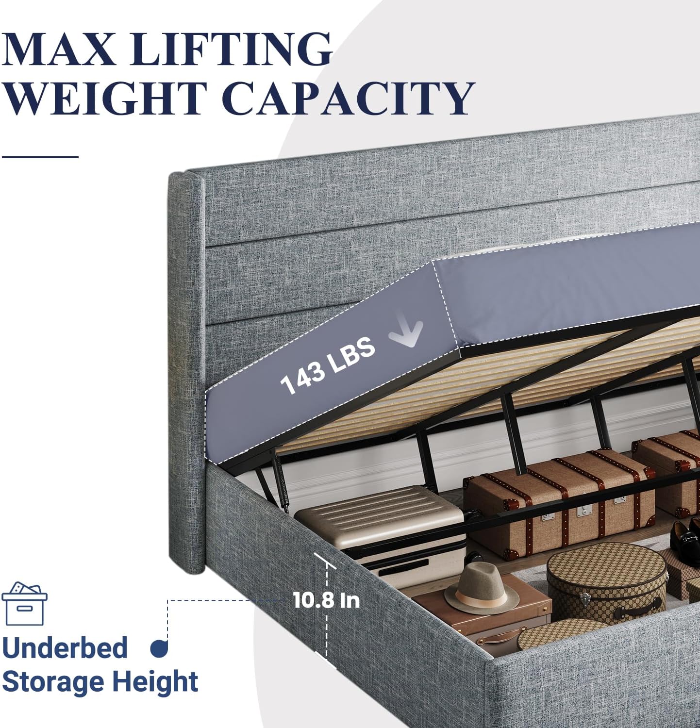 Allewie King Size Lift Up Storage Bed, Modern Wingback Headboard, Hydraulic Support, No Box Spring Needed, Grey Blue