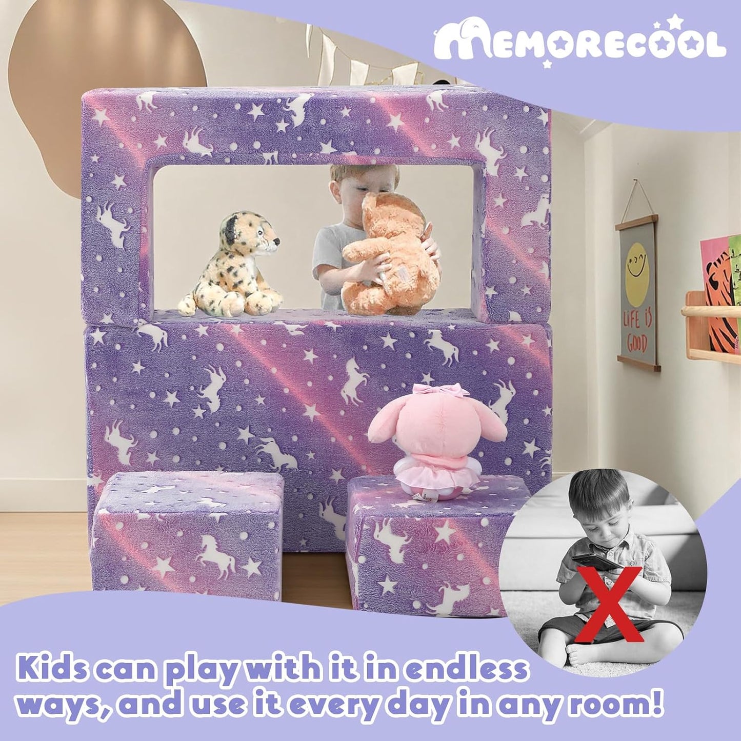 MeMoreCool Unicorn Modular Kids Couch, Glow Rainbow Play Toddler Couch for Bedroom, Convertible Foam Kids Sofa Bed, Fold Out Baby Sofa for Girl Boy, Purple