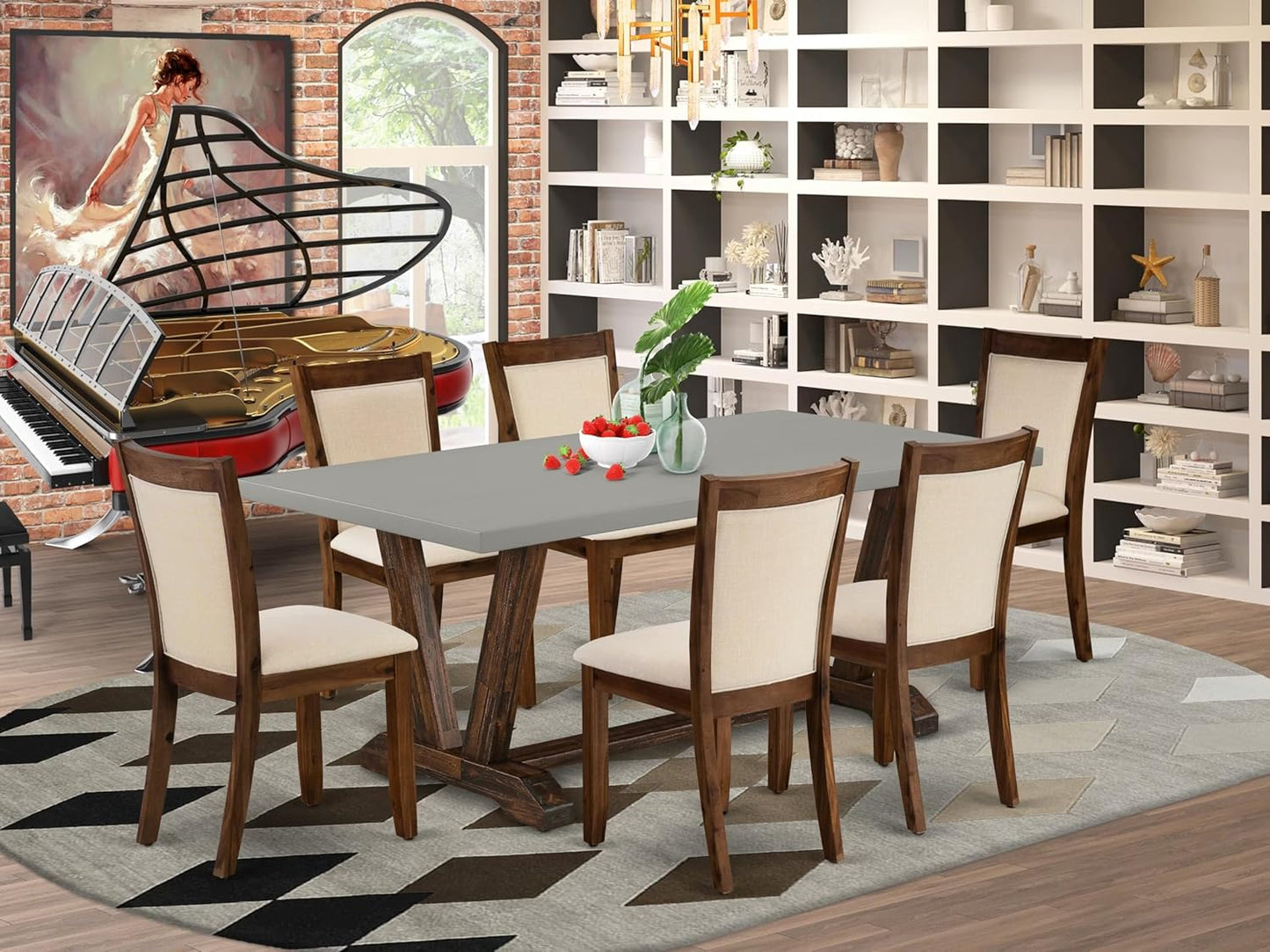 East West Furniture V797MZN32-7 7 Piece Modern Dining Table Set Consist of a Rectangle Wooden Table with V-Legs and 6 Light Beige Linen Fabric Parsons Dining Chairs, 40x72 Inch, Multi-Color