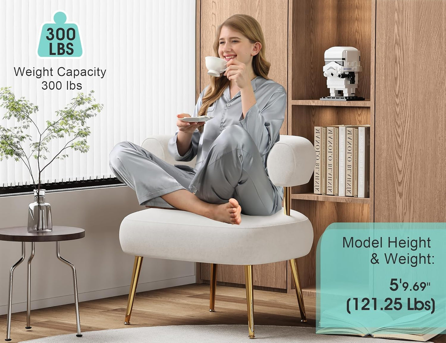 Modern Velvet Accent Chair, Round Upholstered Barrel Armchair for Small Spaces, Fluffy Side Corner Sofa Chair for Living Room, Bedroom, Vanity, Office, Reading Nook(Cream White)