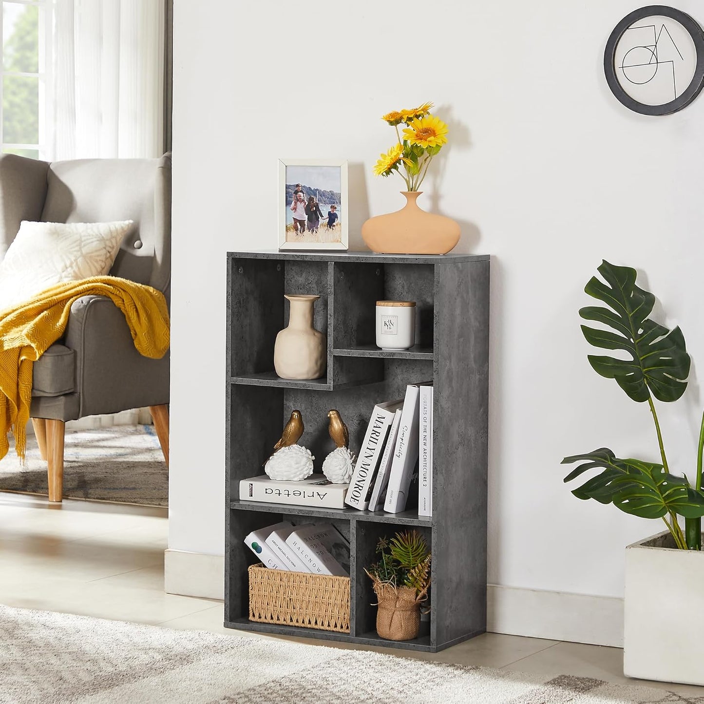 VECELO Contemporary Bookshelf, 5 Cube Shelf, Fits Tallest Hardcovers, Horizontal Available, Storage Organzier for Home Office,Modern Gray