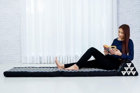 Leewadee Comfortable Japanese Floor Mattress - Thai Floor Bed with Triangle Cushion - Futon Mattress - XL Extra Long Thai Massage Mat, 89 x 20 inches, Blue, Kapok Filling