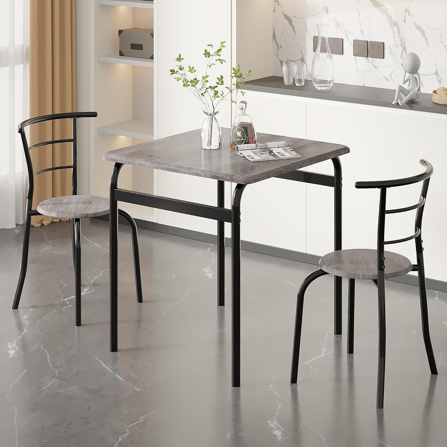 VECELO Dining Table Set for 2, 3-Piece Modern Dinette with Chairs for Small Space, Kitchen, Breakfast Nook, Rustic Grey