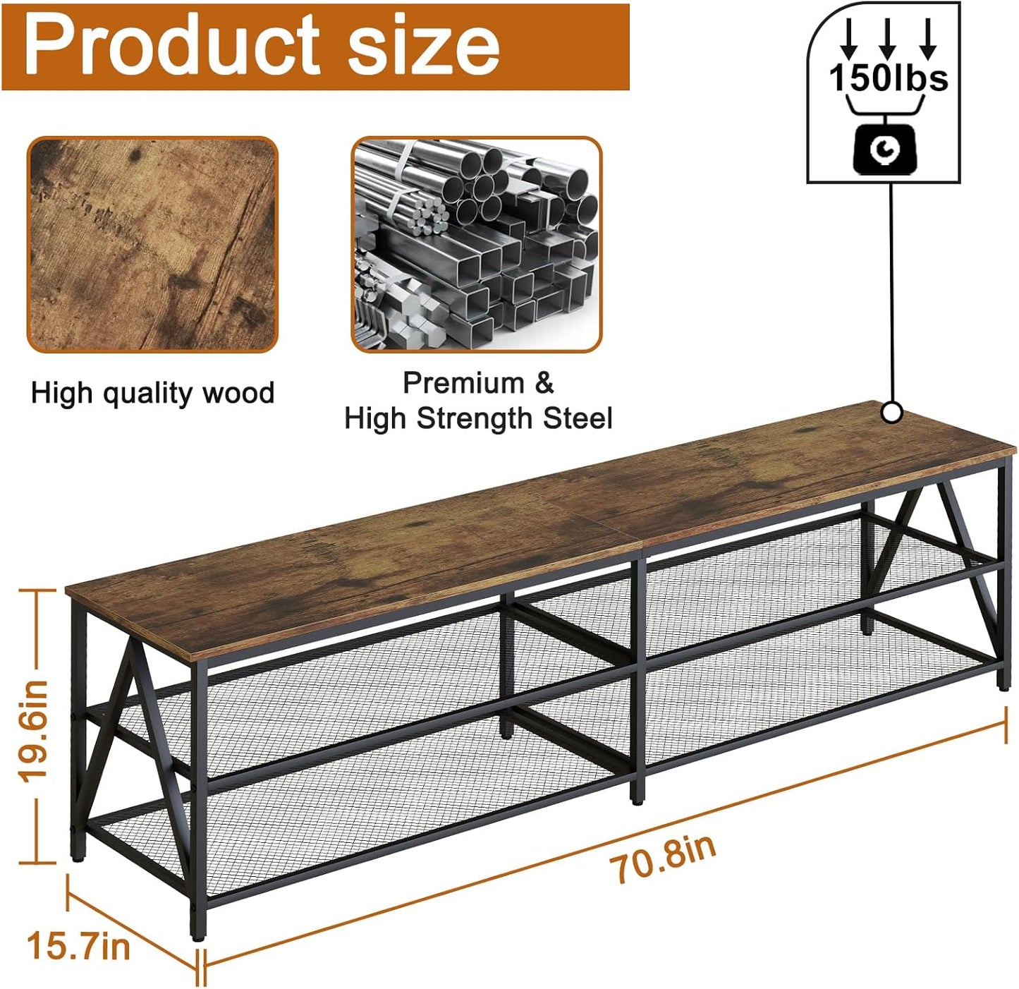 TV Stand for TVs up to 75 Inch, 70" Long Industrial TV Console Table with 3-Tier Storage Shelves, Entertainment Center for Living Room, Bedroom (Rustic Brown)