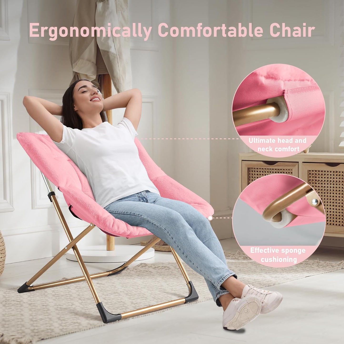 Comfy Oversized Saucer Chair, Soft Faux Fur Reading Lounge Chair for Adults, Stable X-Large Metal Frame and Non-Slip Pad, Foldable Cozy Chairs for Bedroom, Living Room, Dorm, Office, Pink