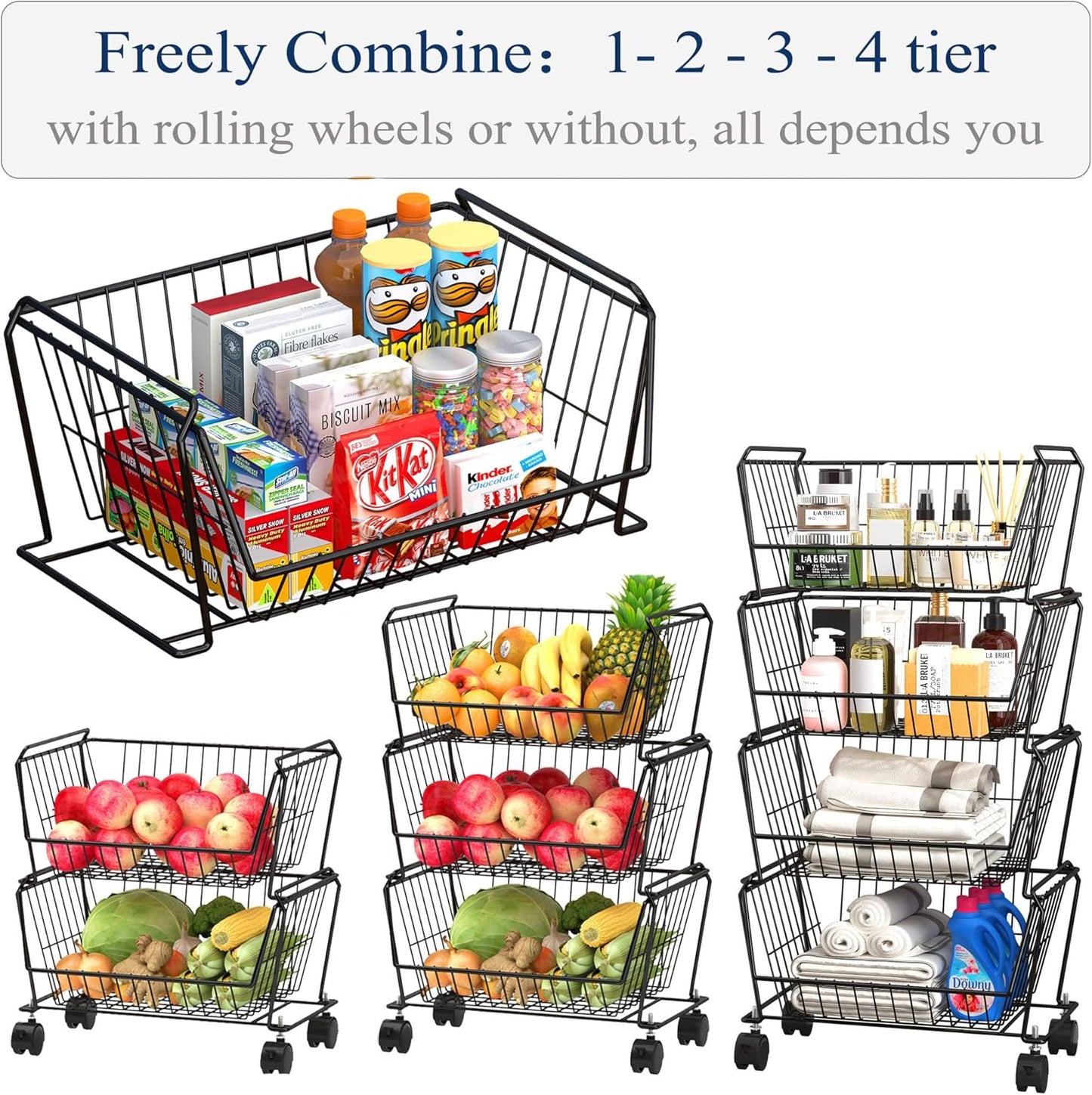 PUSDON 4-Tier Stackable Metal Storage Baskets, Anti-Rust Fruit Vegetable Rack, Dual Use Shelf for Kitchen, Home & Office, Black